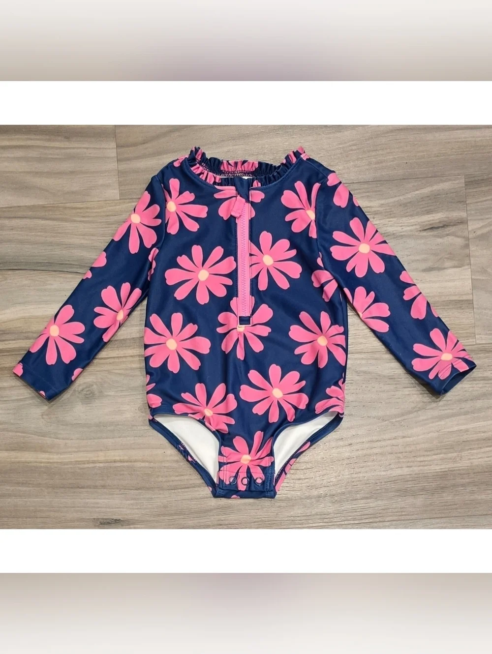 Carter’s Floral Rash Guard One Piece Swimsuit Size 12 Months Navy Pink Zip Front